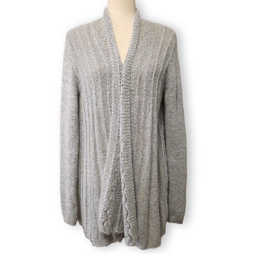 Elle Open Front Cardigan Size Medium Lightweight Ribbed Open Knit Soft Gray